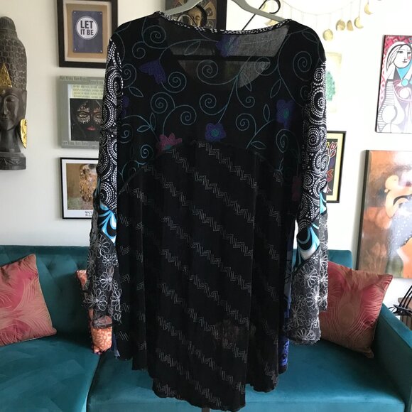 HAND JIVE size XL Blue & Black Mixed Patterns Wearable Asian Art Tunic Top - Picture 6 of 7